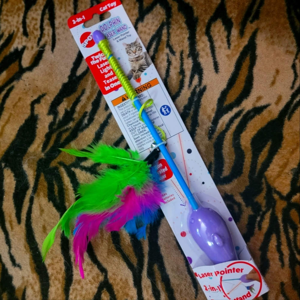 Spot Dolphin Cat Kitten Laser Wand Toy with Feathers ea.